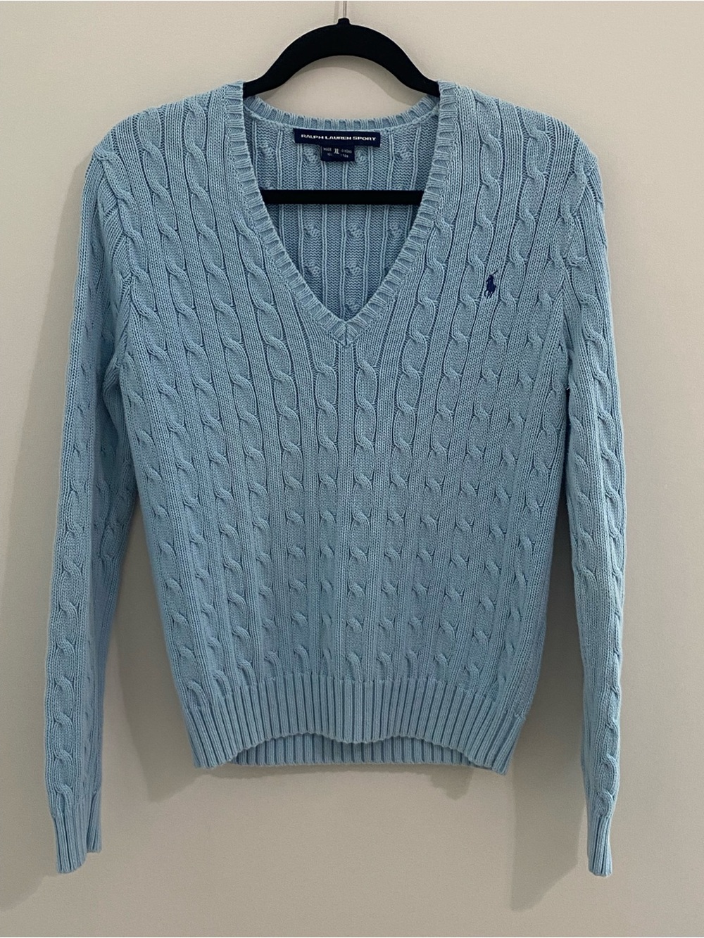 Vintage Ralph Lauren Sport Sky Blue Cable Knit V-Neck Sweater Women’s XL